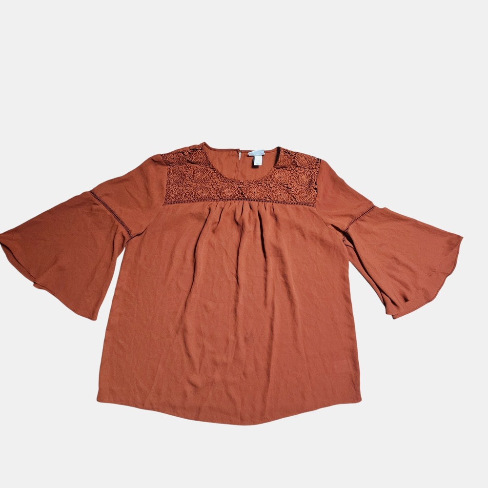 Ava & Viv Crochet‎ Lace Yoke Bell Sleeve Blouse Top X Tunic Terracotta Rust Boho